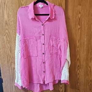 POL Women's Pink and White Button-Up Top